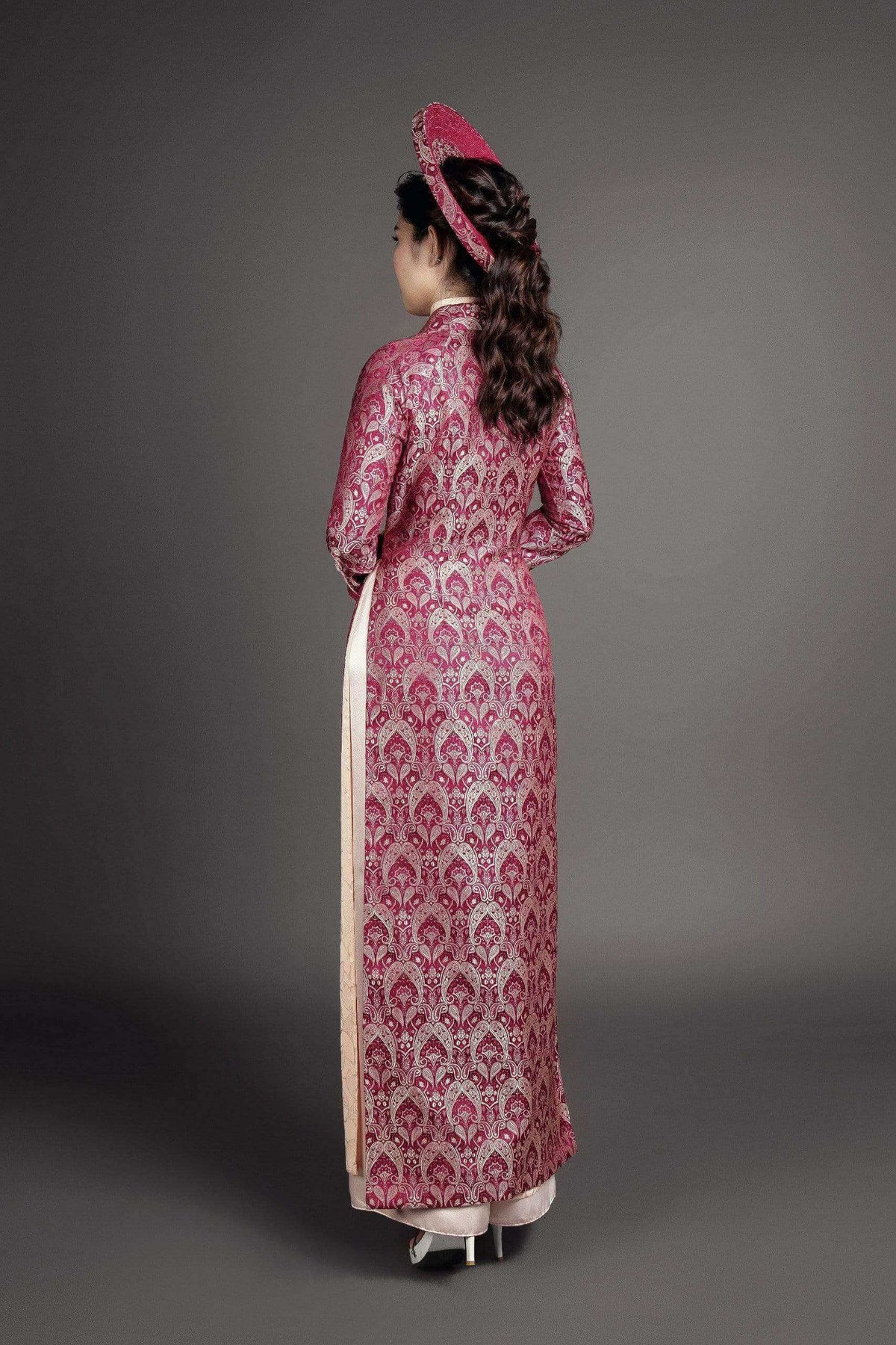 Mark&Vy Ao Dai Dresses (Ao Dai) Wedding ao dai Vietnam traditional dress in coral pink silk color, plus long coat in French wine colored silk brocade fabric BRO0018085