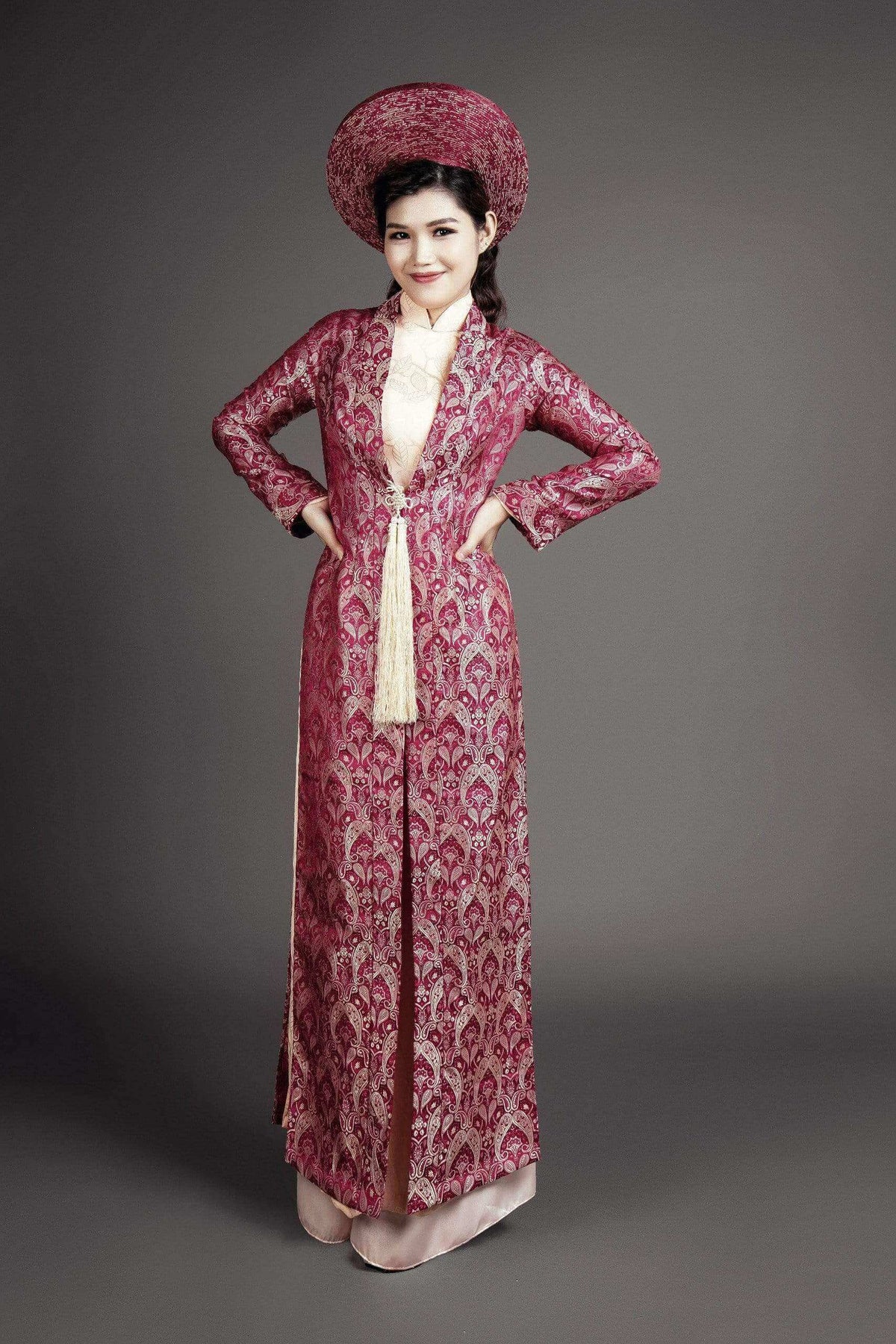 Mark&Vy Ao Dai Dresses (Ao Dai) Wedding ao dai Vietnam traditional dress in coral pink silk color, plus long coat in French wine colored silk brocade fabric BRO0018085