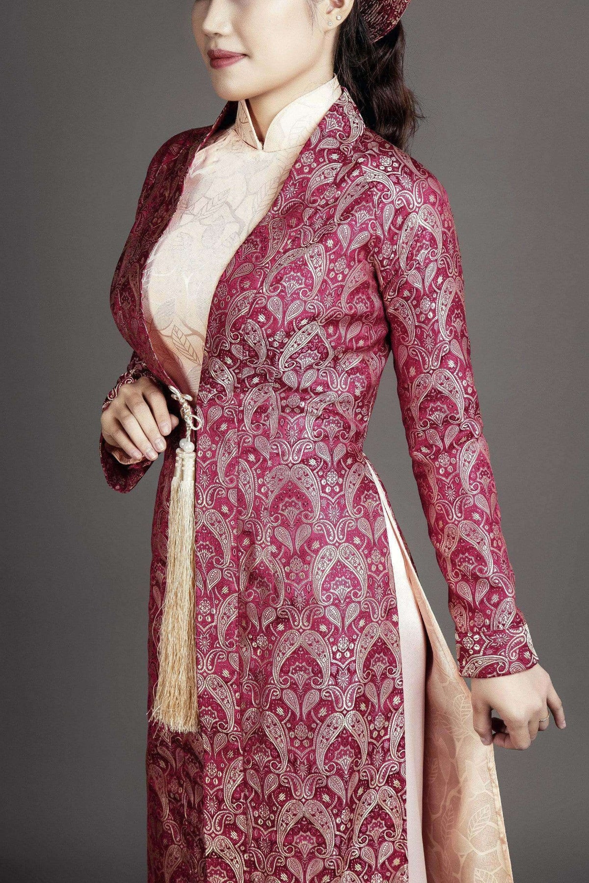 Mark&Vy Ao Dai Dresses (Ao Dai) Wedding ao dai Vietnam traditional dress in coral pink silk color, plus long coat in French wine colored silk brocade fabric BRO0018085