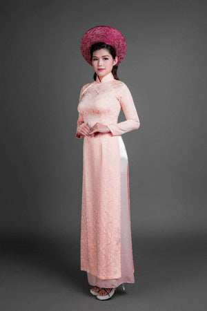 Mark&Vy Ao Dai Dresses (Ao Dai) Wedding ao dai Vietnam traditional dress in coral pink silk color, plus long coat in French wine colored silk brocade fabric BRO0018085