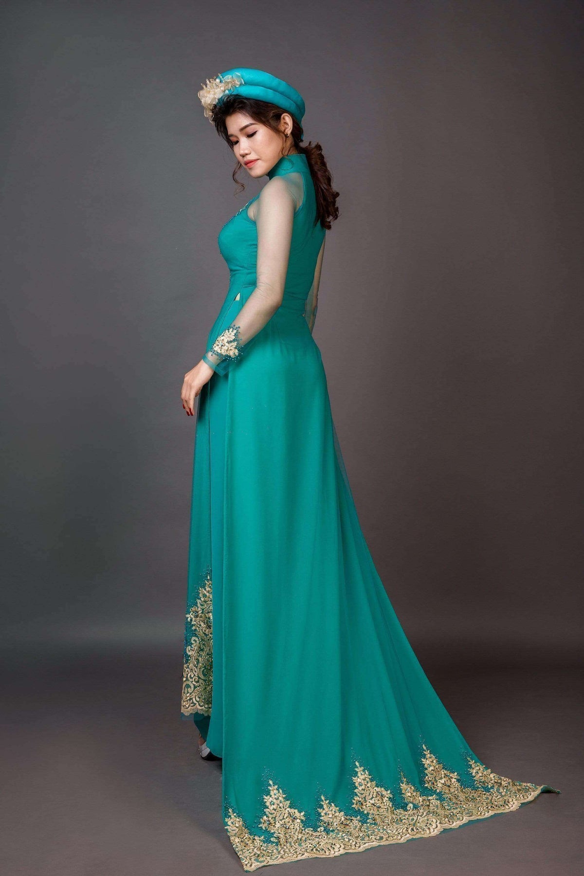 Mark&Vy Ao Dai Wedding ao dai with long train. Green lace and chiffon fabric.