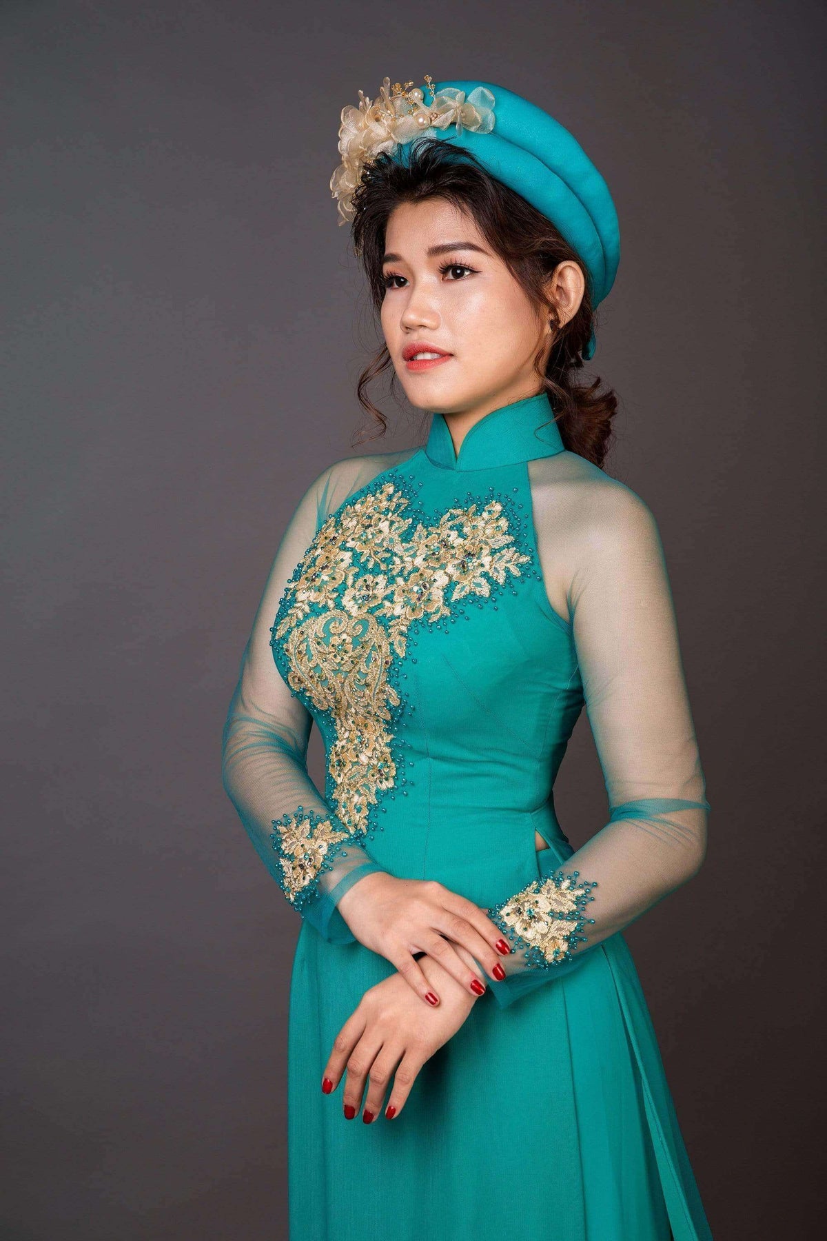 Mark&Vy Ao Dai Wedding ao dai with long train. Green lace and chiffon fabric.