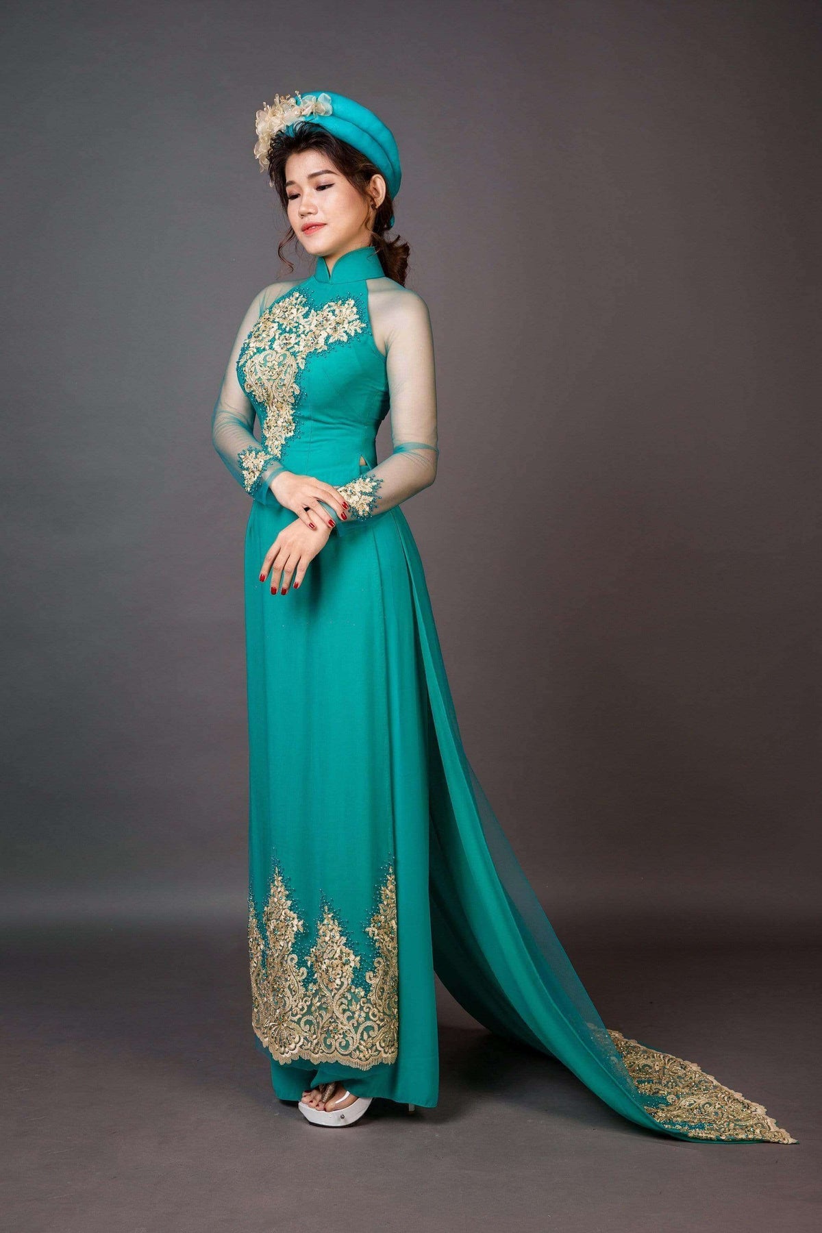 Mark&Vy Ao Dai Wedding ao dai with long train. Green lace and chiffon fabric.