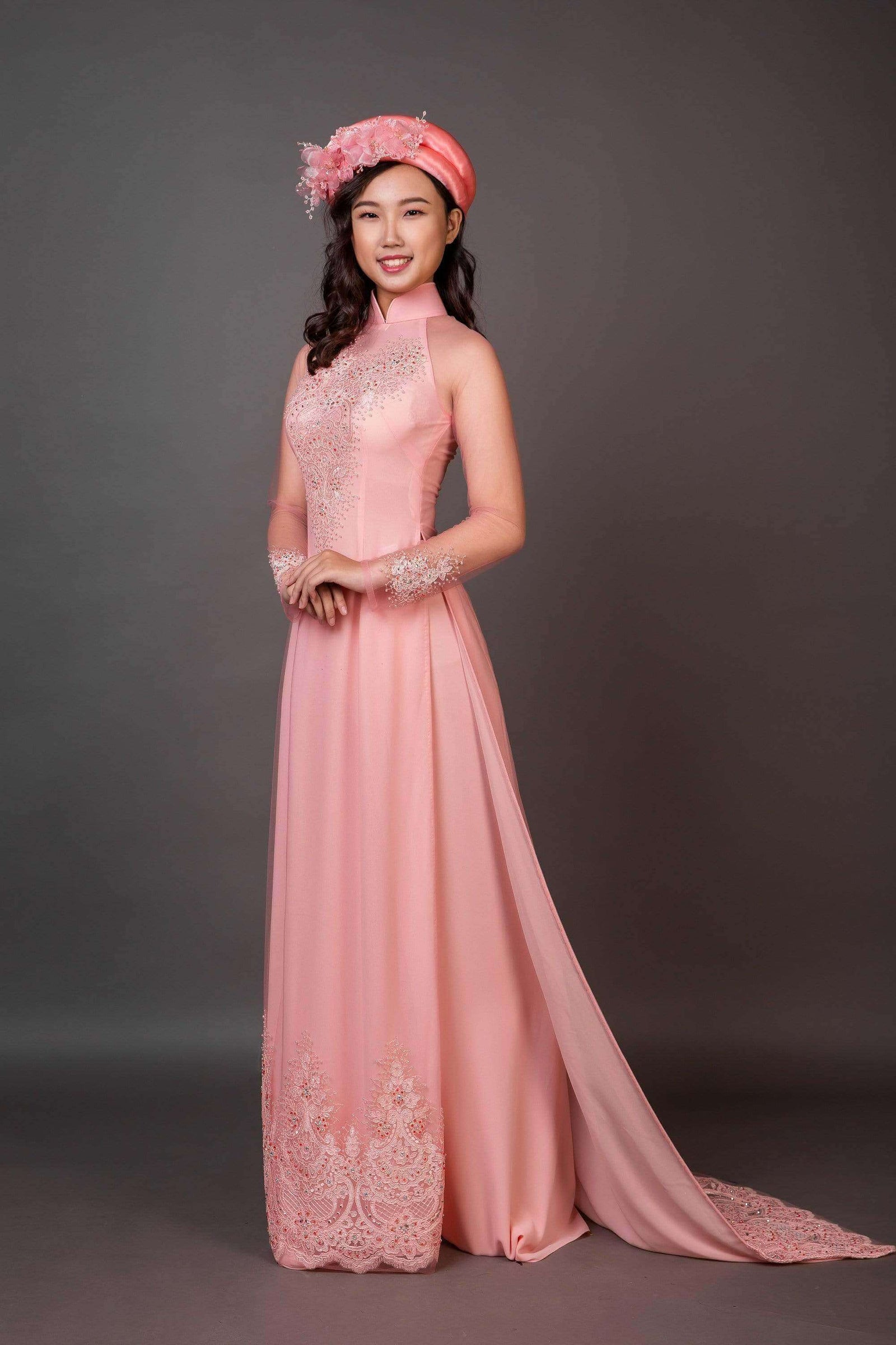traditional vietnamese bridesmaid dress Pink Vietnamese Ao Dai with 3D Butterfly Bridesmaid Dress | Modern Ao Dai Set