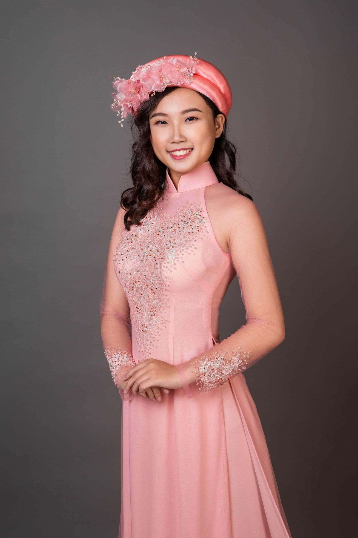 Mark&Vy Ao Dai Wedding ao dai with long train. Pale pink lace and chiffon fabric.