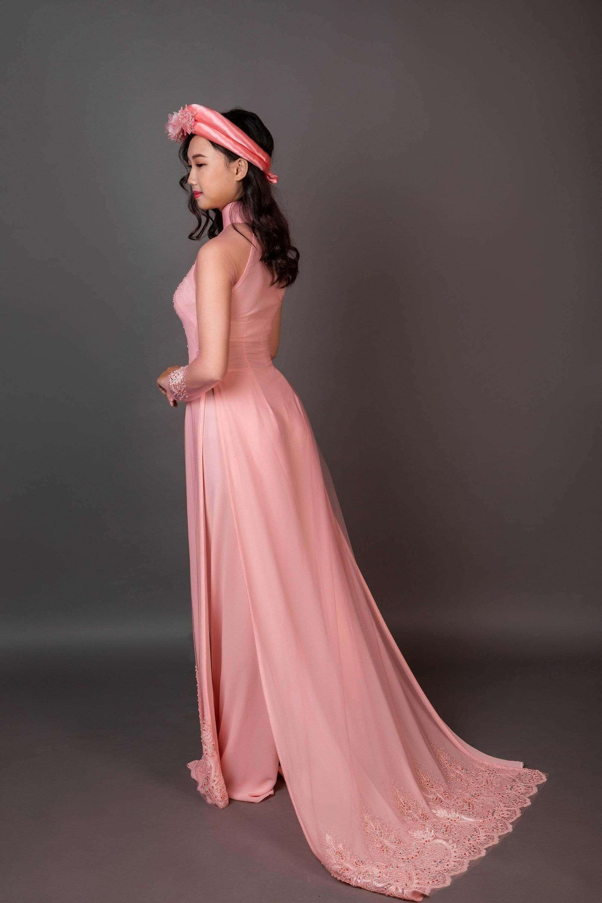 Mark&Vy Ao Dai Wedding ao dai with long train. Pale pink lace and chiffon fabric.