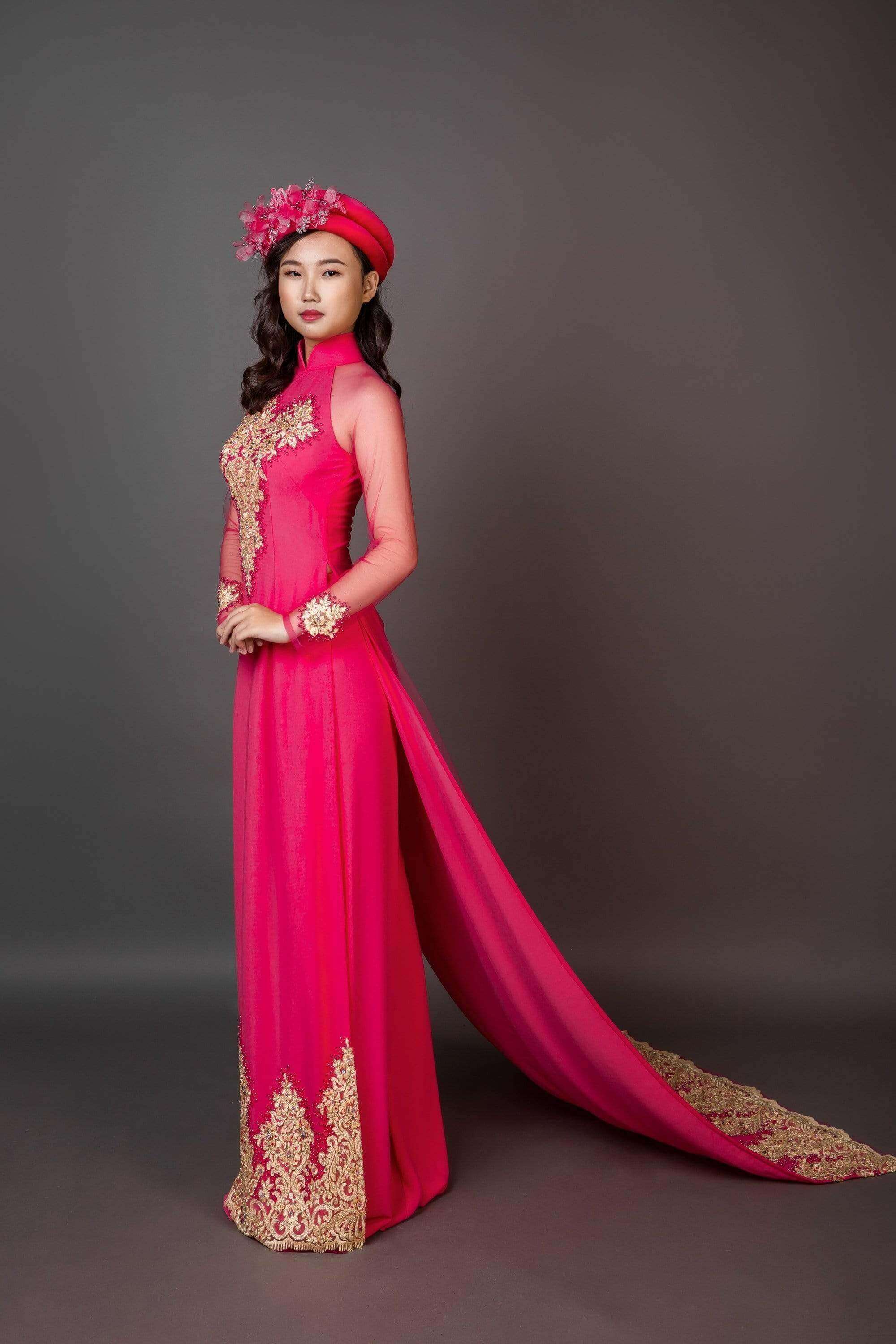 Mark&Vy Ao Dai Wedding ao dai with long train. Pink fabric with gold colored details.