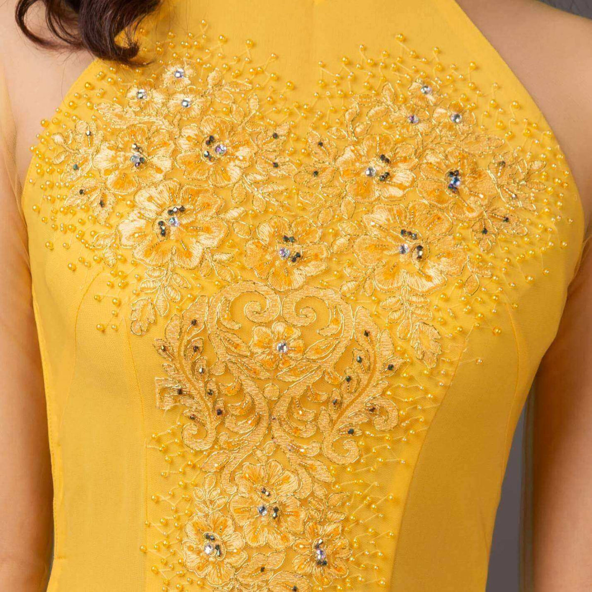 Mark&Vy Ao Dai Yellow wedding ao dai. Beautiful embroidery and hand beading (includes headband as shown in photo)