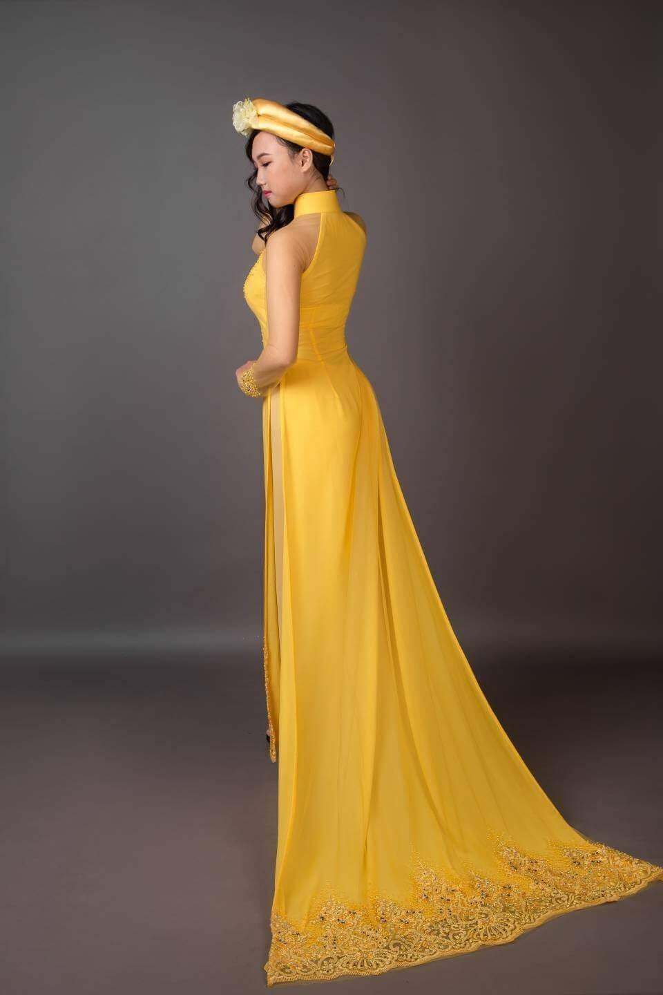 Mark&Vy Ao Dai Yellow wedding ao dai. Beautiful embroidery and hand beading (includes headband as shown in photo)